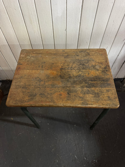 Vintage French Industrial School Desk | Original Patina | Green Metal Legs & Solid Wood Top