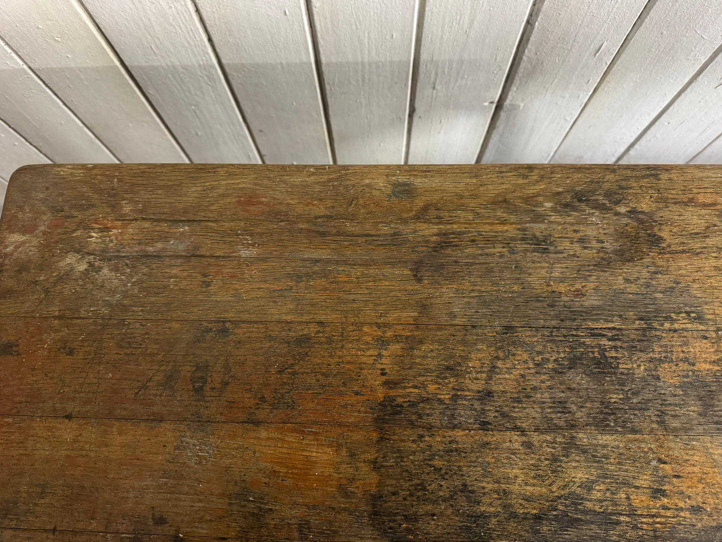 Vintage French Industrial School Desk | Original Patina | Green Metal Legs & Solid Wood Top