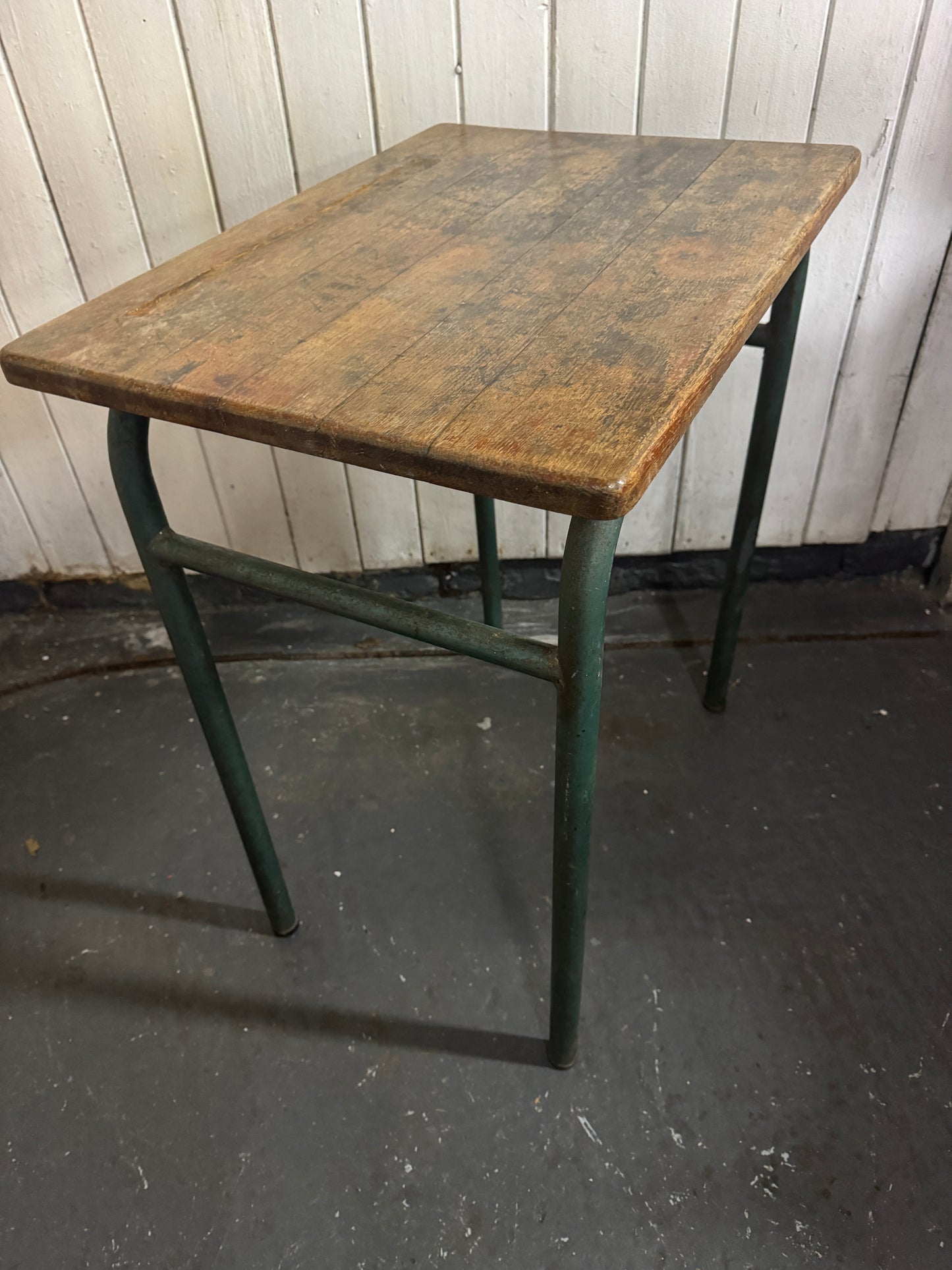 Vintage French Industrial School Desk | Original Patina | Green Metal Legs & Solid Wood Top