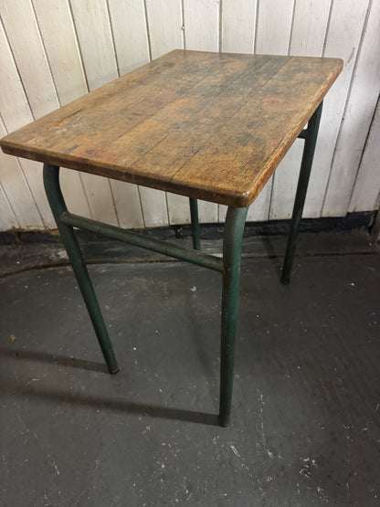 Vintage French Industrial School Desk | Original Patina | Green Metal Legs & Solid Wood Top