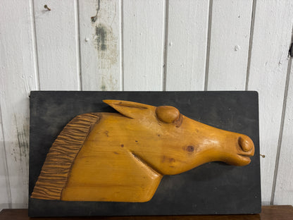 Vintage Folk Art Hand-Carved Wooden Horse Wall Sculpture on Framed Backing
