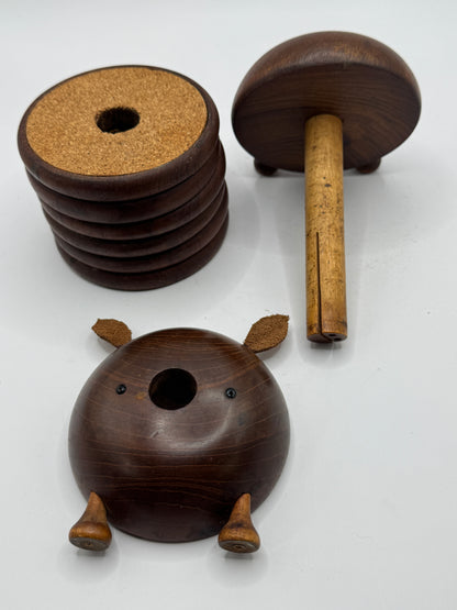 Rare Danish Teak Pig Coaster Set – Transforming Pig by Ernst Henriksen, Made in Denmark