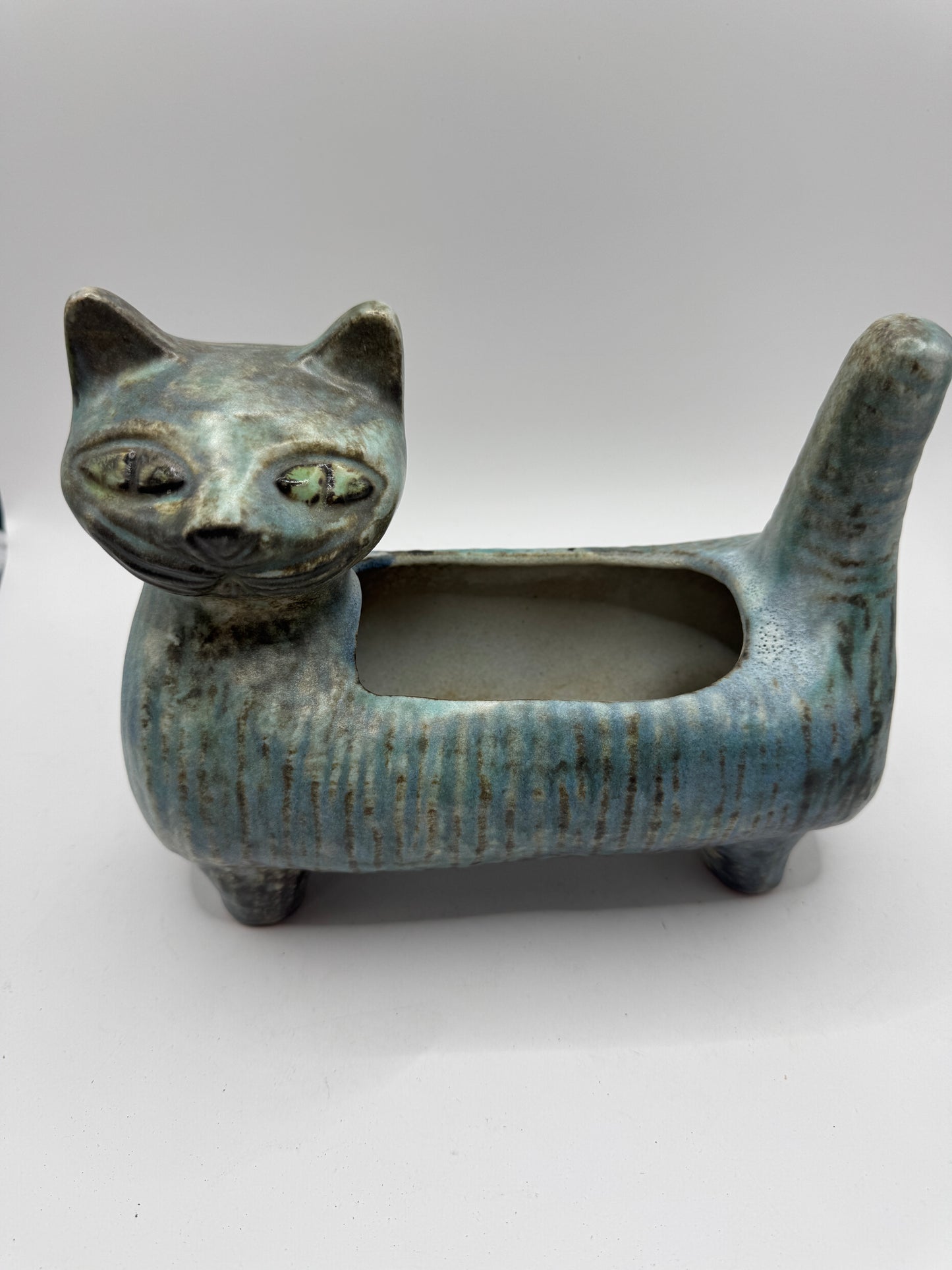 Mid-Century Ceramic Cat Planter / Holder in Pale Blue & Earthy Green