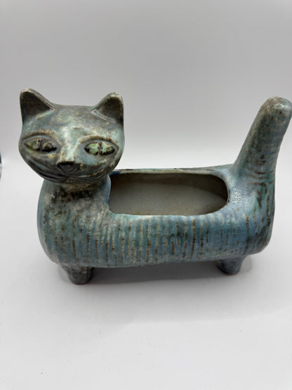 Mid-Century Ceramic Cat Planter / Holder in Pale Blue & Earthy Green