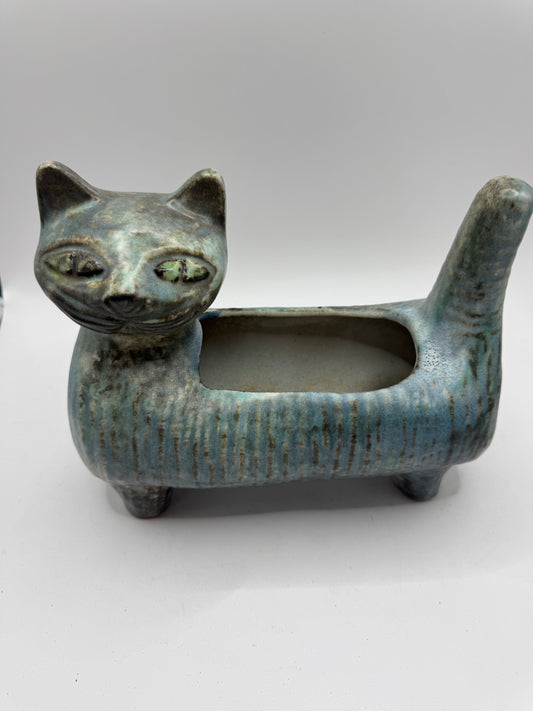 Mid-Century Ceramic Cat Planter / Holder in Pale Blue & Earthy Green