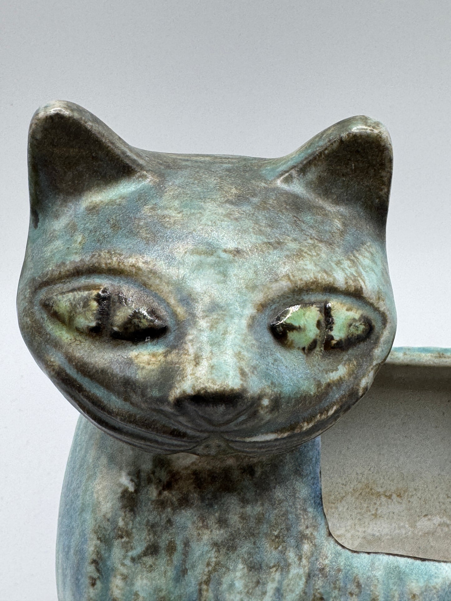 Mid-Century Ceramic Cat Planter / Holder in Pale Blue & Earthy Green