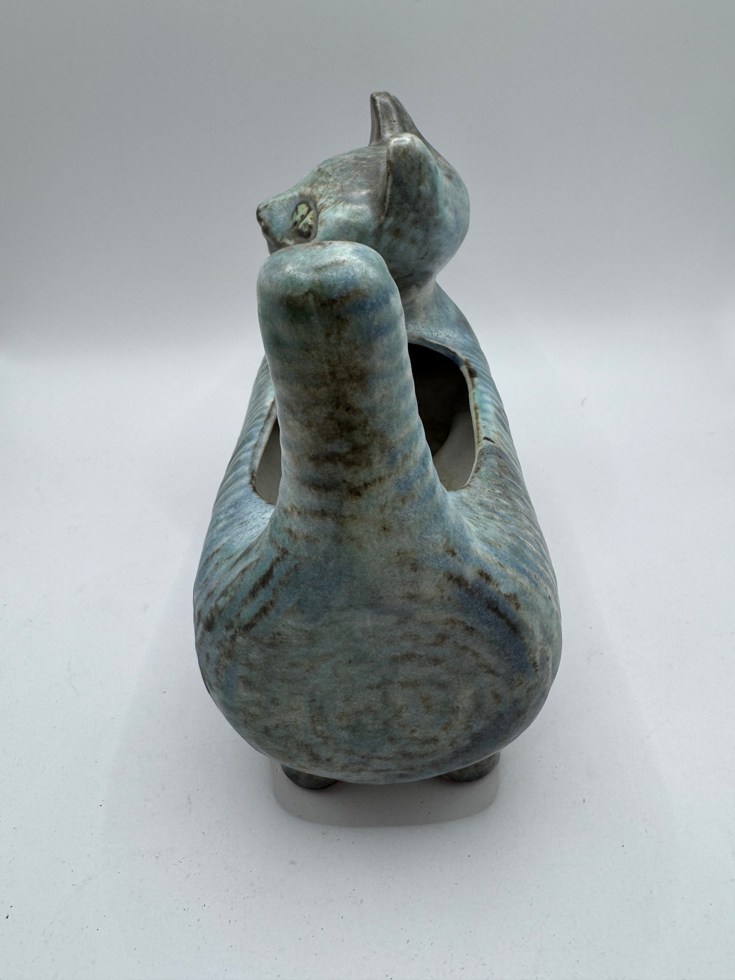 Mid-Century Ceramic Cat Planter / Holder in Pale Blue & Earthy Green
