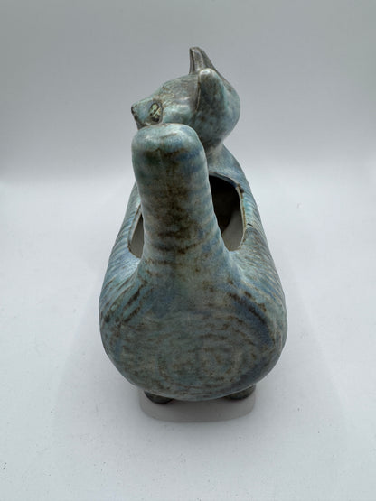 Mid-Century Ceramic Cat Planter / Holder in Pale Blue & Earthy Green