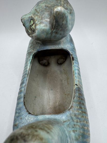 Mid-Century Ceramic Cat Planter / Holder in Pale Blue & Earthy Green