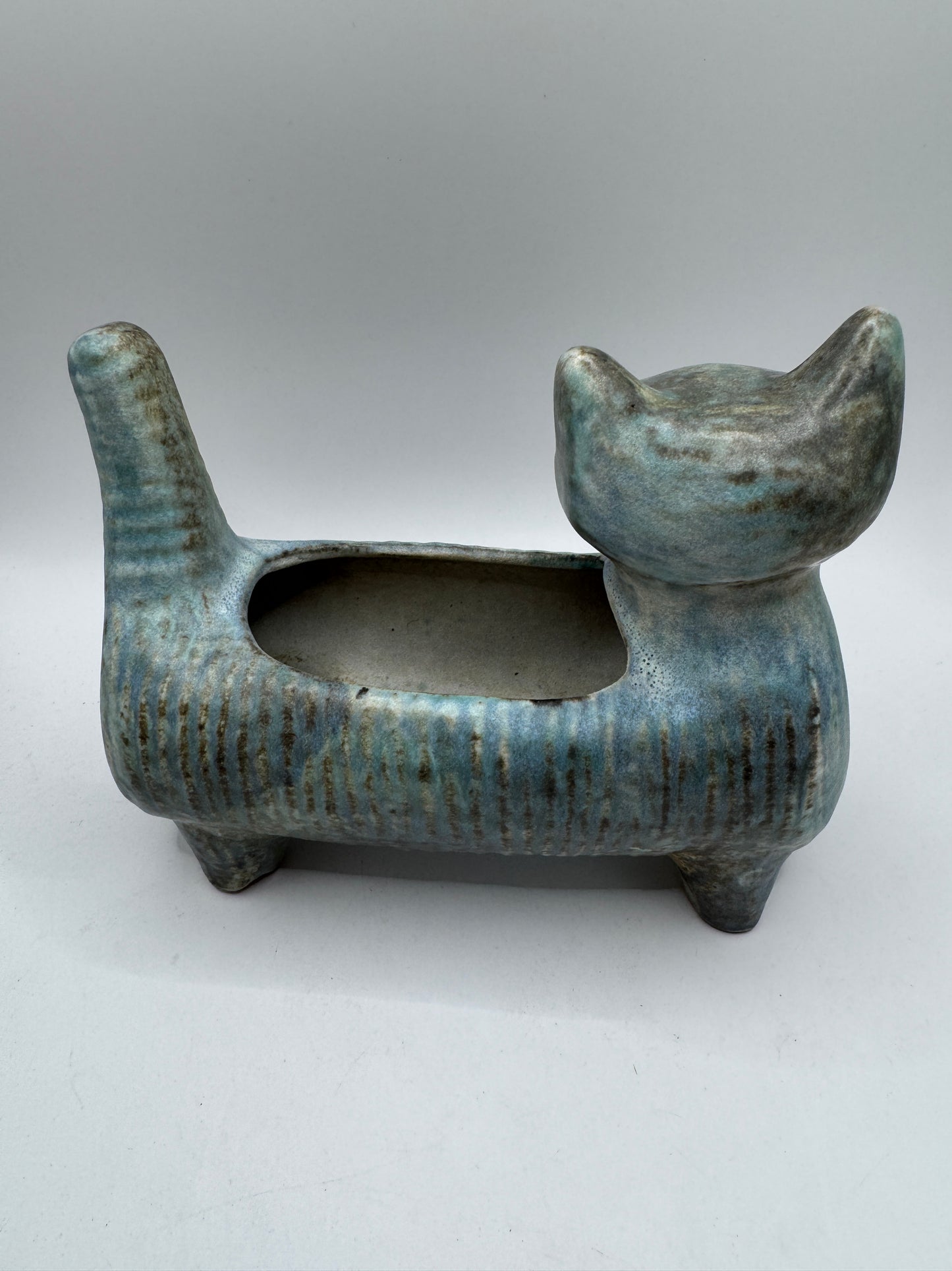 Mid-Century Ceramic Cat Planter / Holder in Pale Blue & Earthy Green