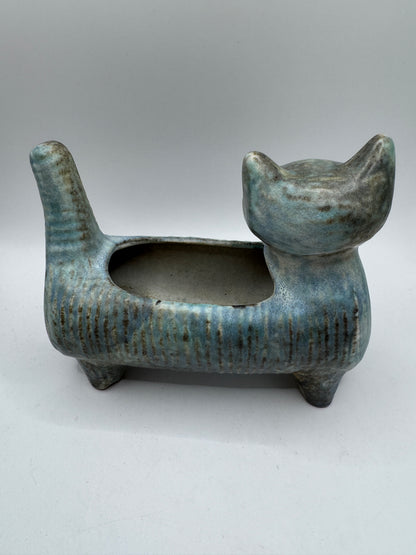 Mid-Century Ceramic Cat Planter / Holder in Pale Blue & Earthy Green