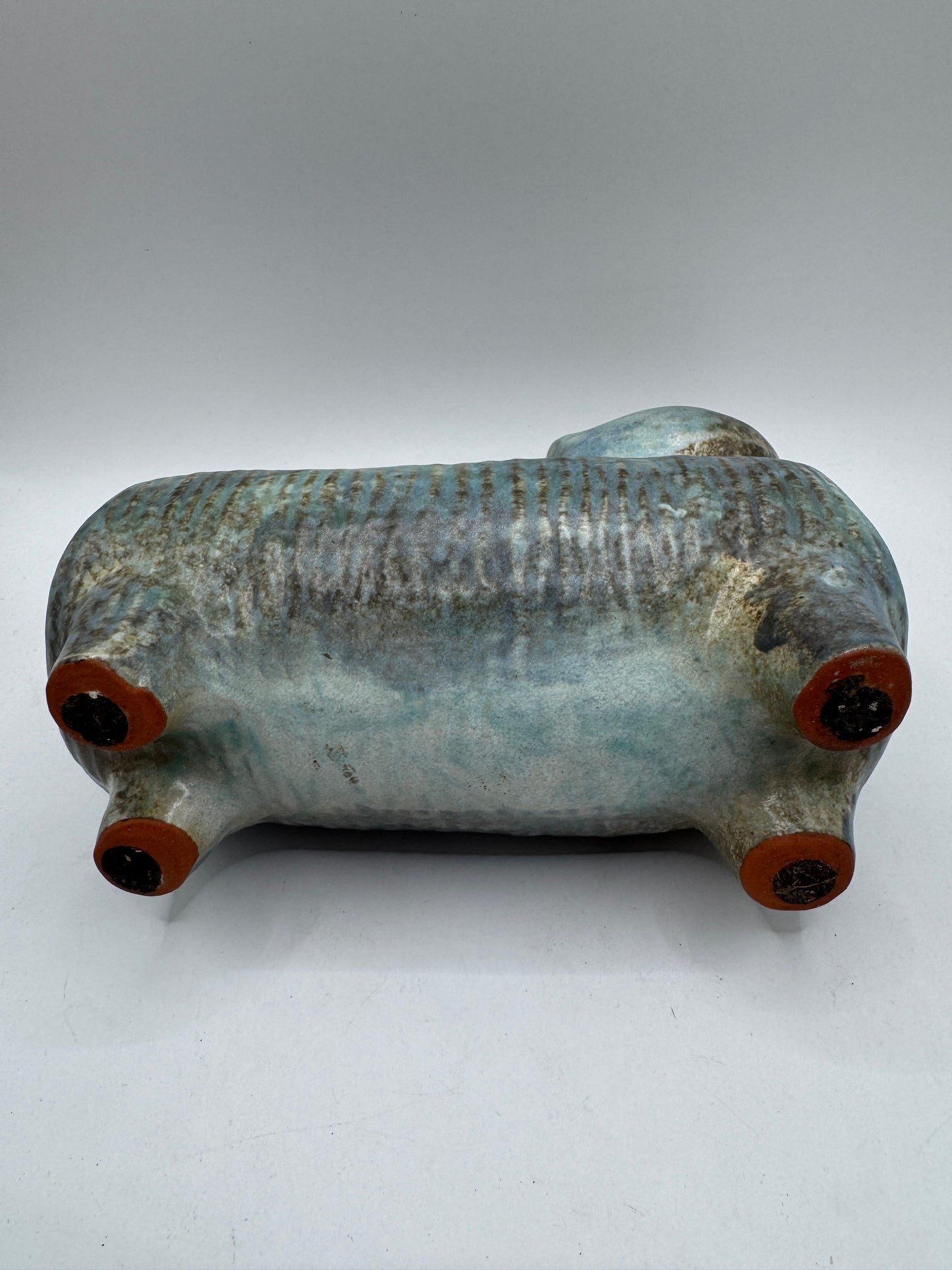 Mid-Century Ceramic Cat Planter / Holder in Pale Blue & Earthy Green