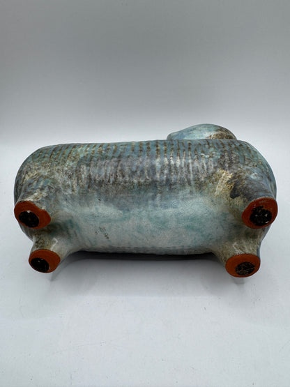 Mid-Century Ceramic Cat Planter / Holder in Pale Blue & Earthy Green