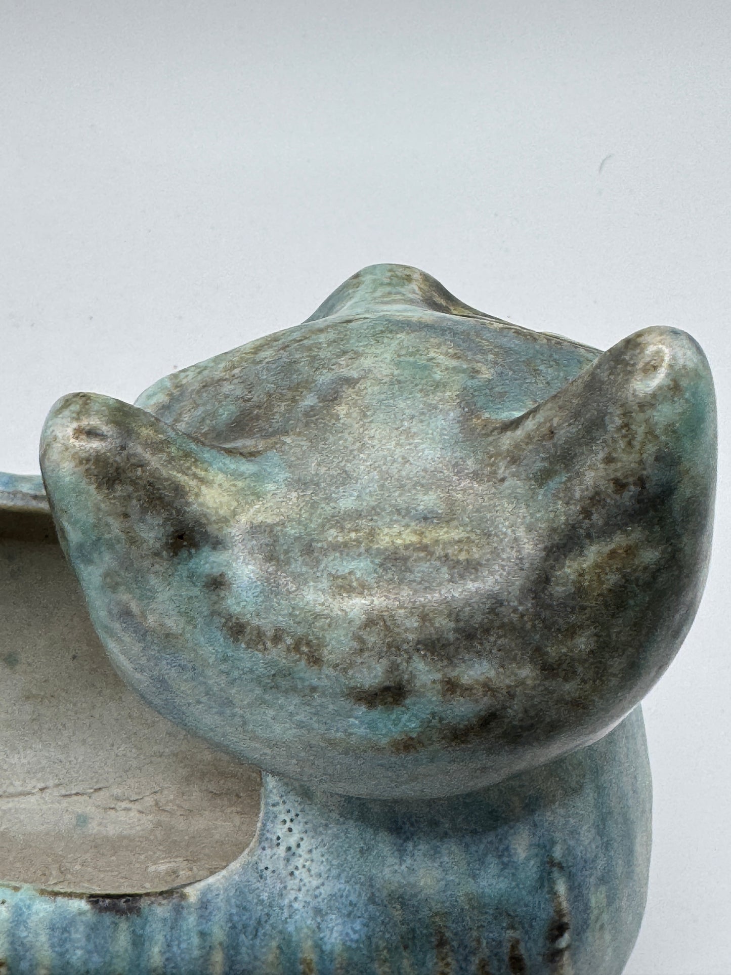 Mid-Century Ceramic Cat Planter / Holder in Pale Blue & Earthy Green