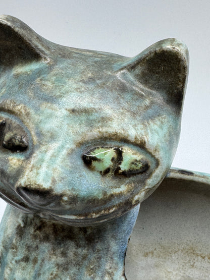 Mid-Century Ceramic Cat Planter / Holder in Pale Blue & Earthy Green