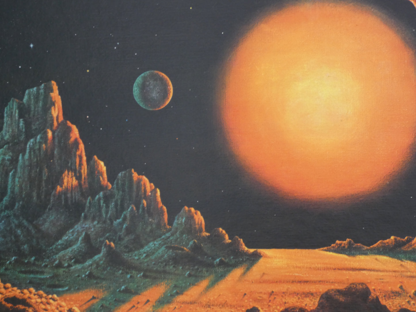 “Stellar Radiance  ( orange  planet ) by David Hardy – Iconic 1970s Sci-Fi Art Print | Vintage Space Art Poster (1969)”