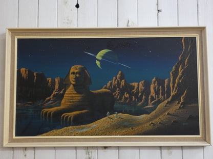 “Sci-Fi Sphinx by David A. Hardy – Vintage 1970s Space Art Print (100 × 58.8 cm) | Surreal Ringed Planet Landscape”