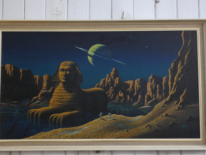 “Sci-Fi Sphinx by David A. Hardy – Vintage 1970s Space Art Print (100 × 58.8 cm) | Surreal Ringed Planet Landscape”