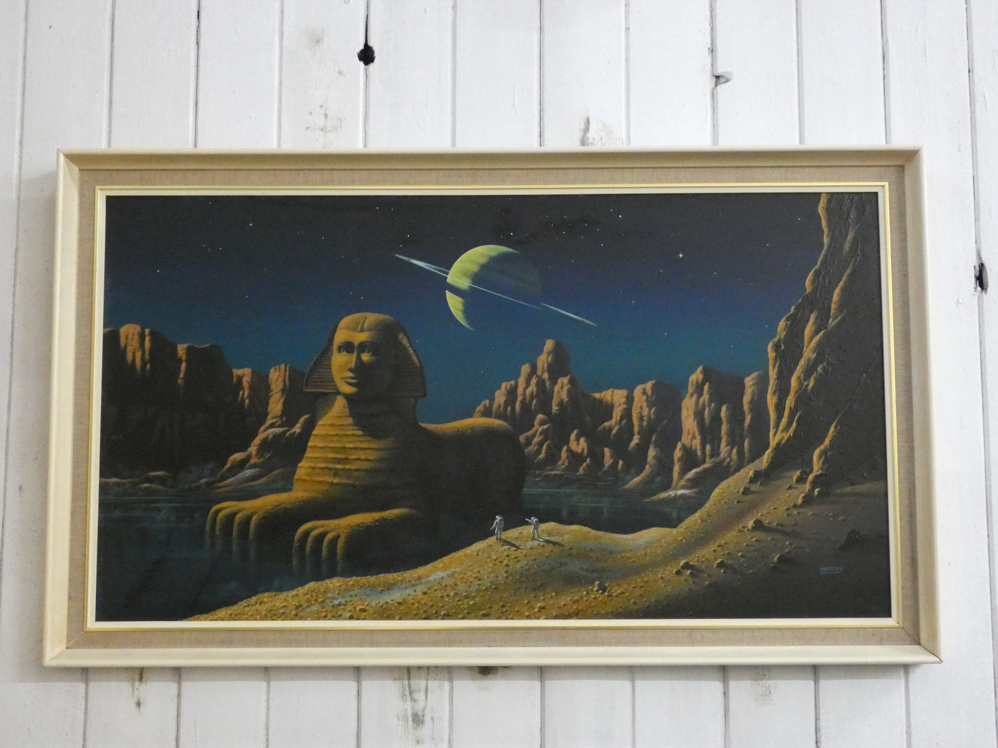 “Sci-Fi Sphinx by David A. Hardy – Vintage 1970s Space Art Print (100 × 58.8 cm) | Surreal Ringed Planet Landscape”
