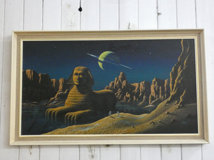 “Sci-Fi Sphinx by David A. Hardy – Vintage 1970s Space Art Print (100 × 58.8 cm) | Surreal Ringed Planet Landscape”
