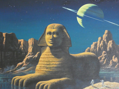 “Sci-Fi Sphinx by David A. Hardy – Vintage 1970s Space Art Print (100 × 58.8 cm) | Surreal Ringed Planet Landscape”