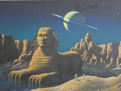 “Sci-Fi Sphinx by David A. Hardy – Vintage 1970s Space Art Print (100 × 58.8 cm) | Surreal Ringed Planet Landscape”