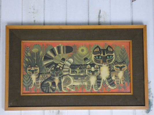 “Vintage Tabby Cat Print by Sheila Flinn – Naive Art ‘Tabby Family’ Style Wall Art (64.5 × 38.8 cm)”