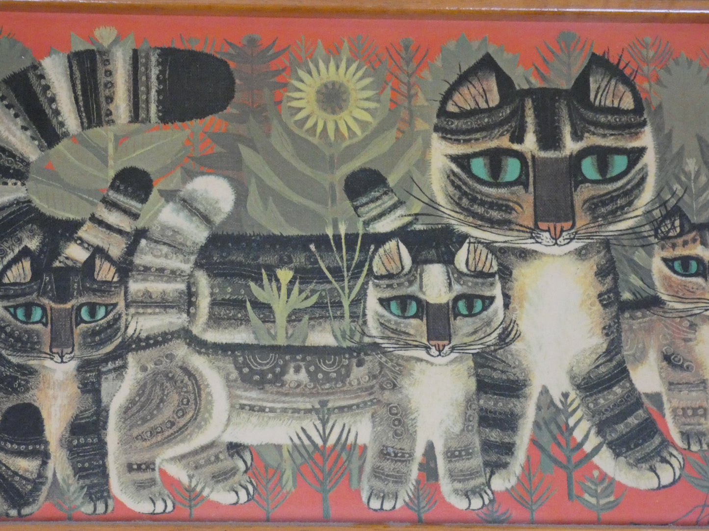 “Vintage Tabby Cat Print by Sheila Flinn – Naive Art ‘Tabby Family’ Style Wall Art (64.5 × 38.8 cm)”