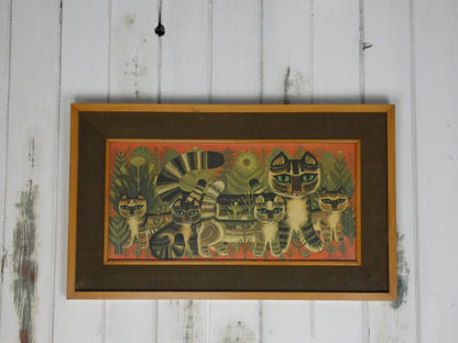 “Vintage Tabby Cat Print by Sheila Flinn – Naive Art ‘Tabby Family’ Style Wall Art (64.5 × 38.8 cm)”