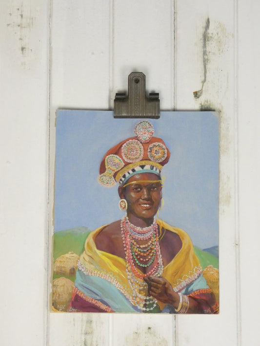 Zulu Bride – Vibrant 1950s Oil Painting on Board by Olge