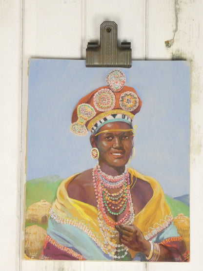 Zulu Bride – Vibrant 1950s Oil Painting on Board by Olge