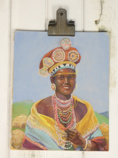 Zulu Bride – Vibrant 1950s Oil Painting on Board by Olge