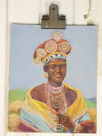 Zulu Bride – Vibrant 1950s Oil Painting on Board by Olge