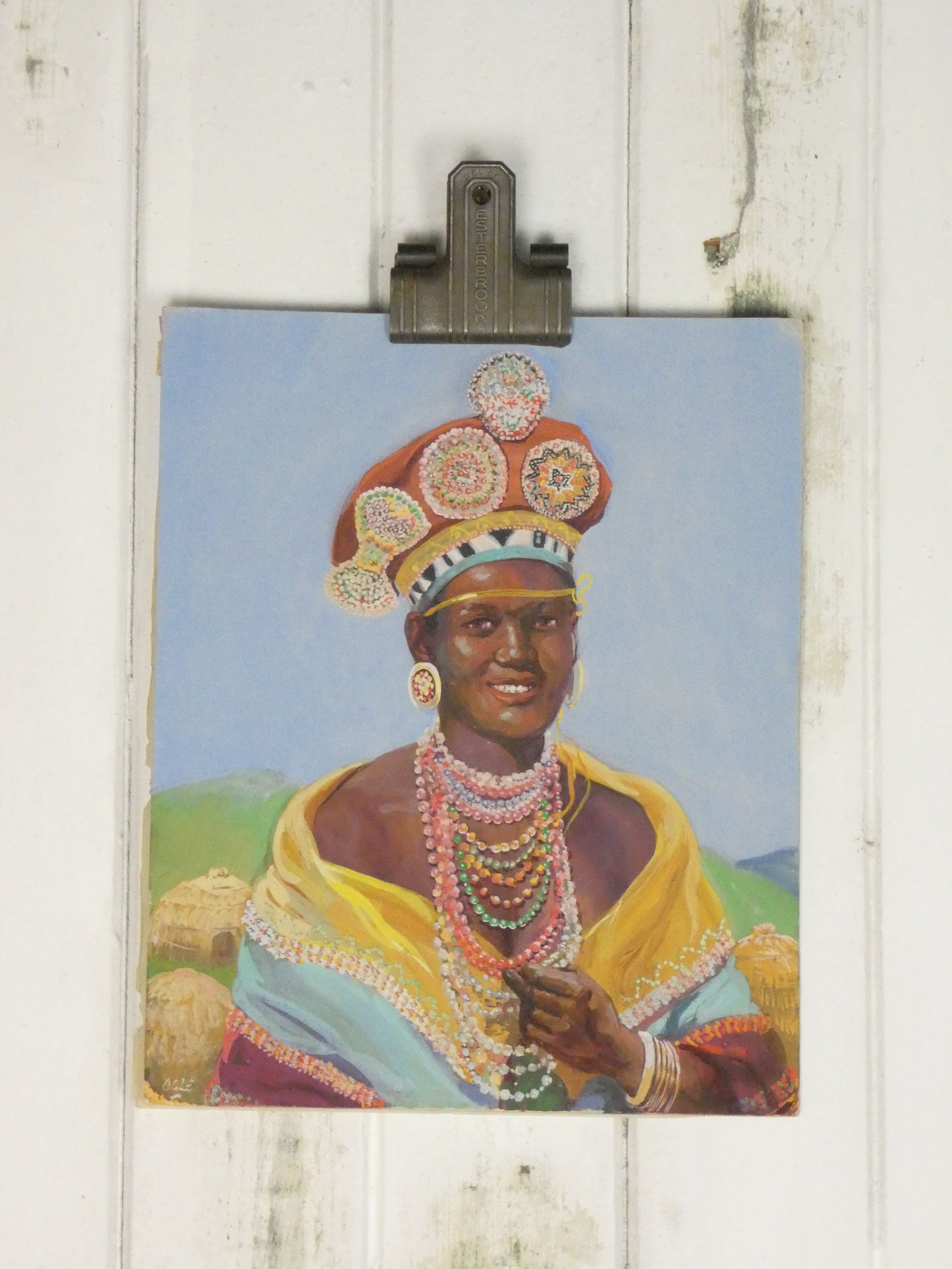 Zulu Bride – Vibrant 1950s Oil Painting on Board by Olge
