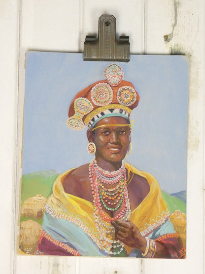 Zulu Bride – Vibrant 1950s Oil Painting on Board by Olge