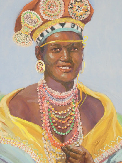 Zulu Bride – Vibrant 1950s Oil Painting on Board by Olge