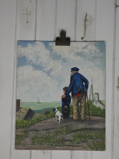 Vintage Oil Painting – Old Seaman, Grandson & Puppy by the Sea