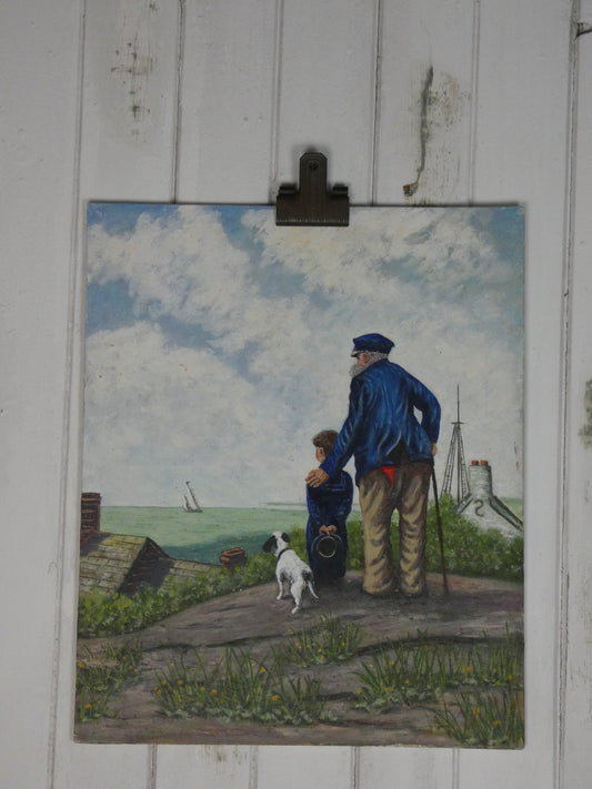 Vintage Oil Painting – Old Seaman, Grandson & Puppy by the Sea