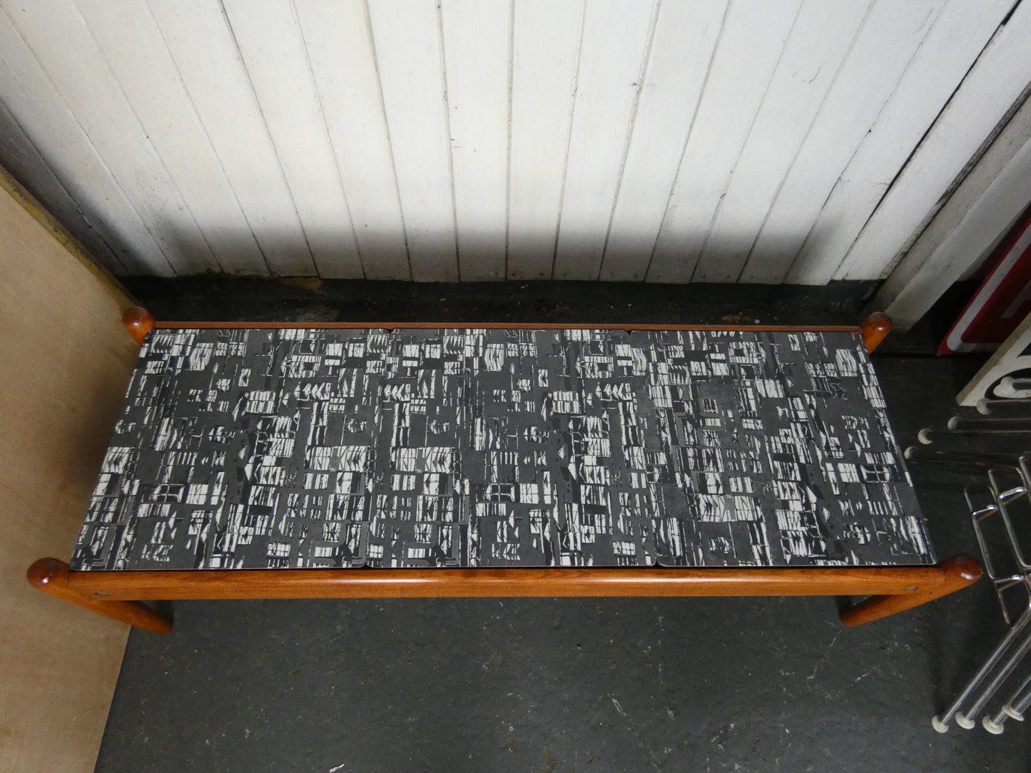 Mid-Century Teak Coffee Table / Bench with Jacqueline Groag Cityscape Design – Reupholstered Seat Pads