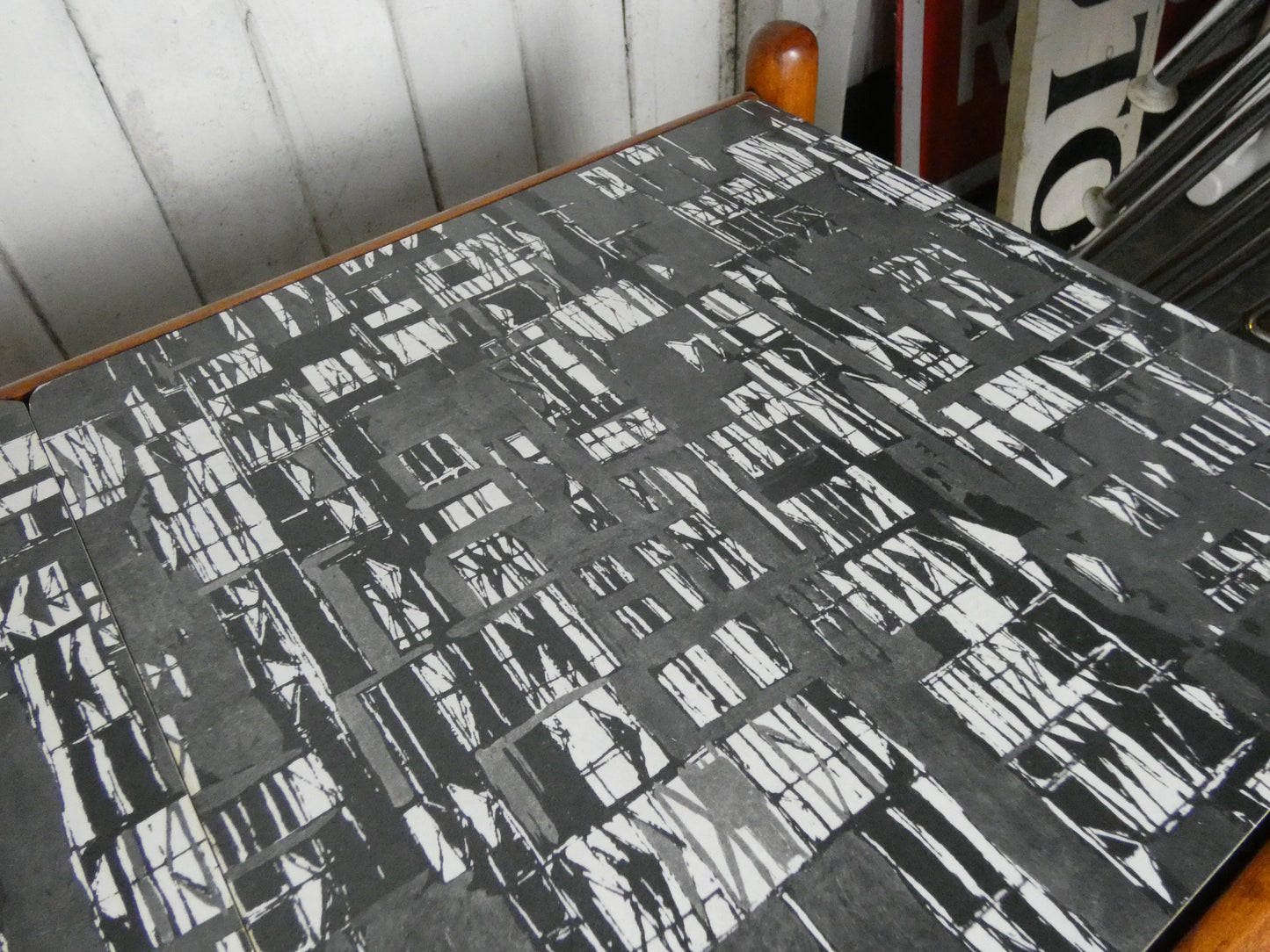 Mid-Century Teak Coffee Table / Bench with Jacqueline Groag Cityscape Design – Reupholstered Seat Pads