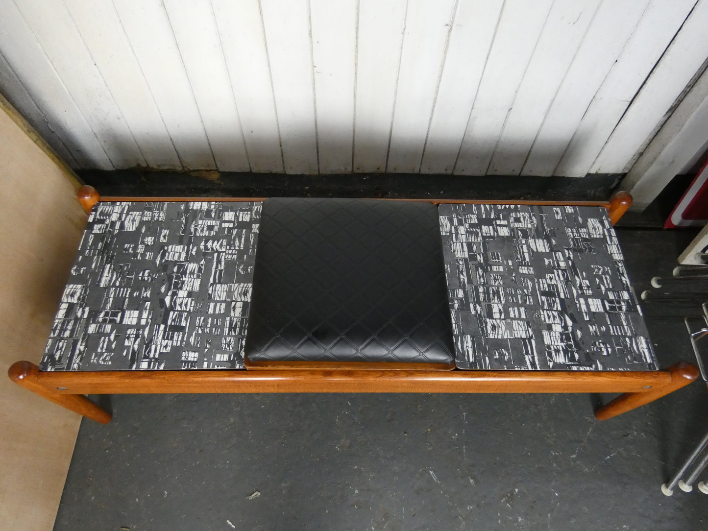 Mid-Century Teak Coffee Table / Bench with Jacqueline Groag Cityscape Design – Reupholstered Seat Pads