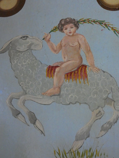 Antique Hand Painted wooden carousel fairground panel with cherub and sheep.