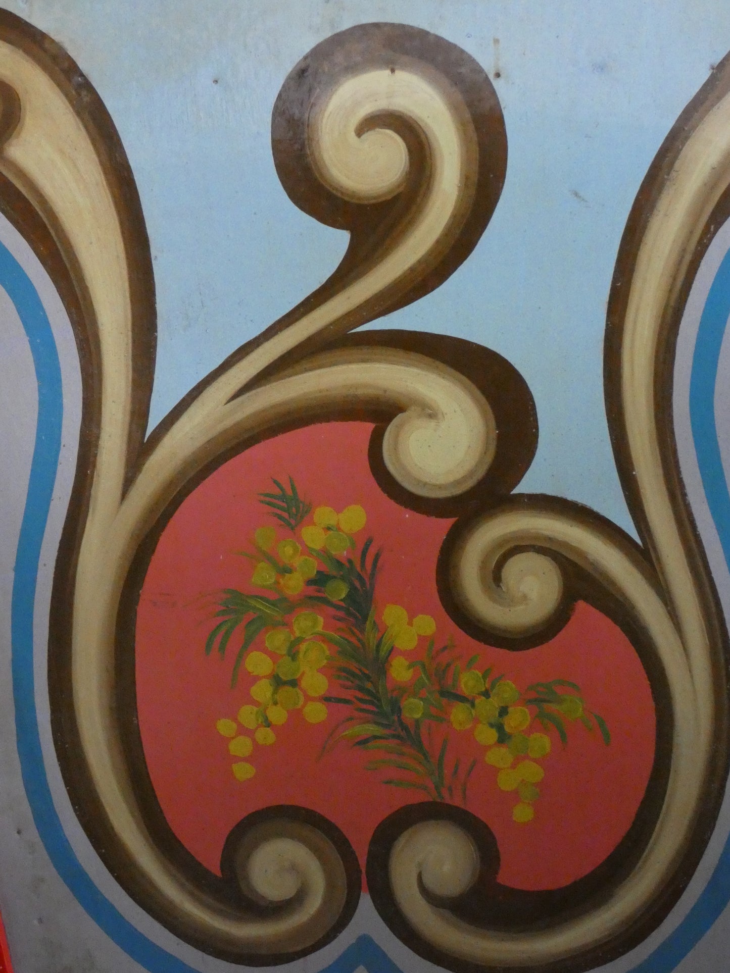 Antique Hand Painted wooden carousel fairground panel with cherub and sheep.