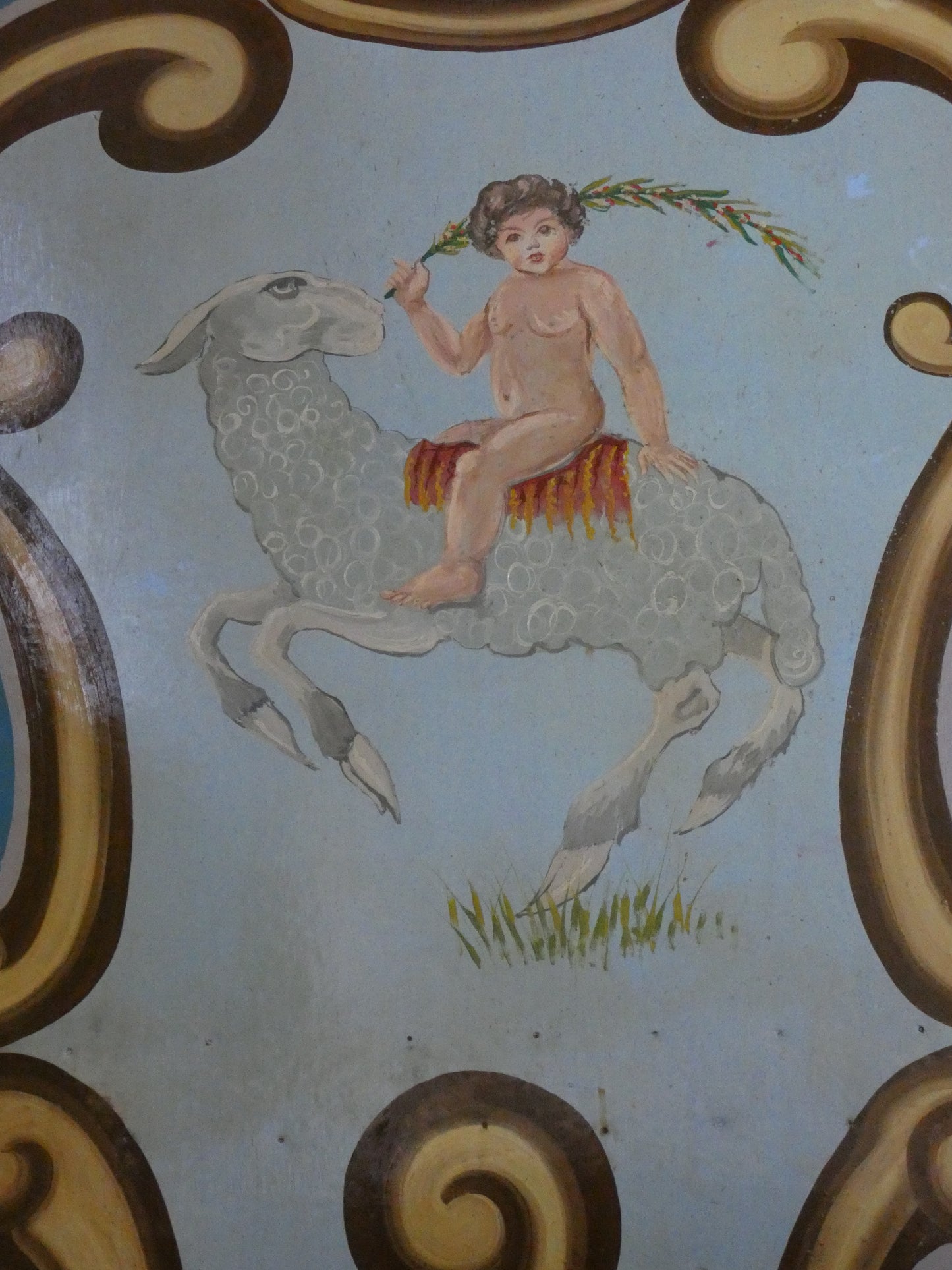 Antique Hand Painted wooden carousel fairground panel with cherub and sheep.