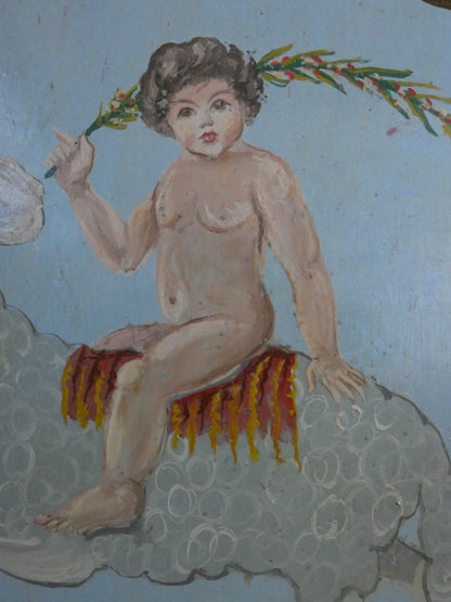 Antique Hand Painted wooden carousel fairground panel with cherub and sheep.