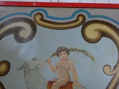 Antique Hand Painted wooden carousel fairground panel with cherub and sheep.