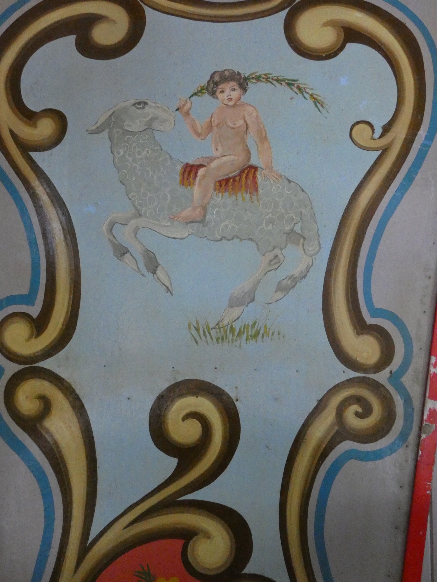 Antique Hand Painted wooden carousel fairground panel with cherub and sheep.