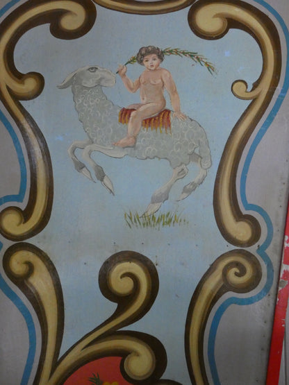 Antique Hand Painted wooden carousel fairground panel with cherub and sheep.