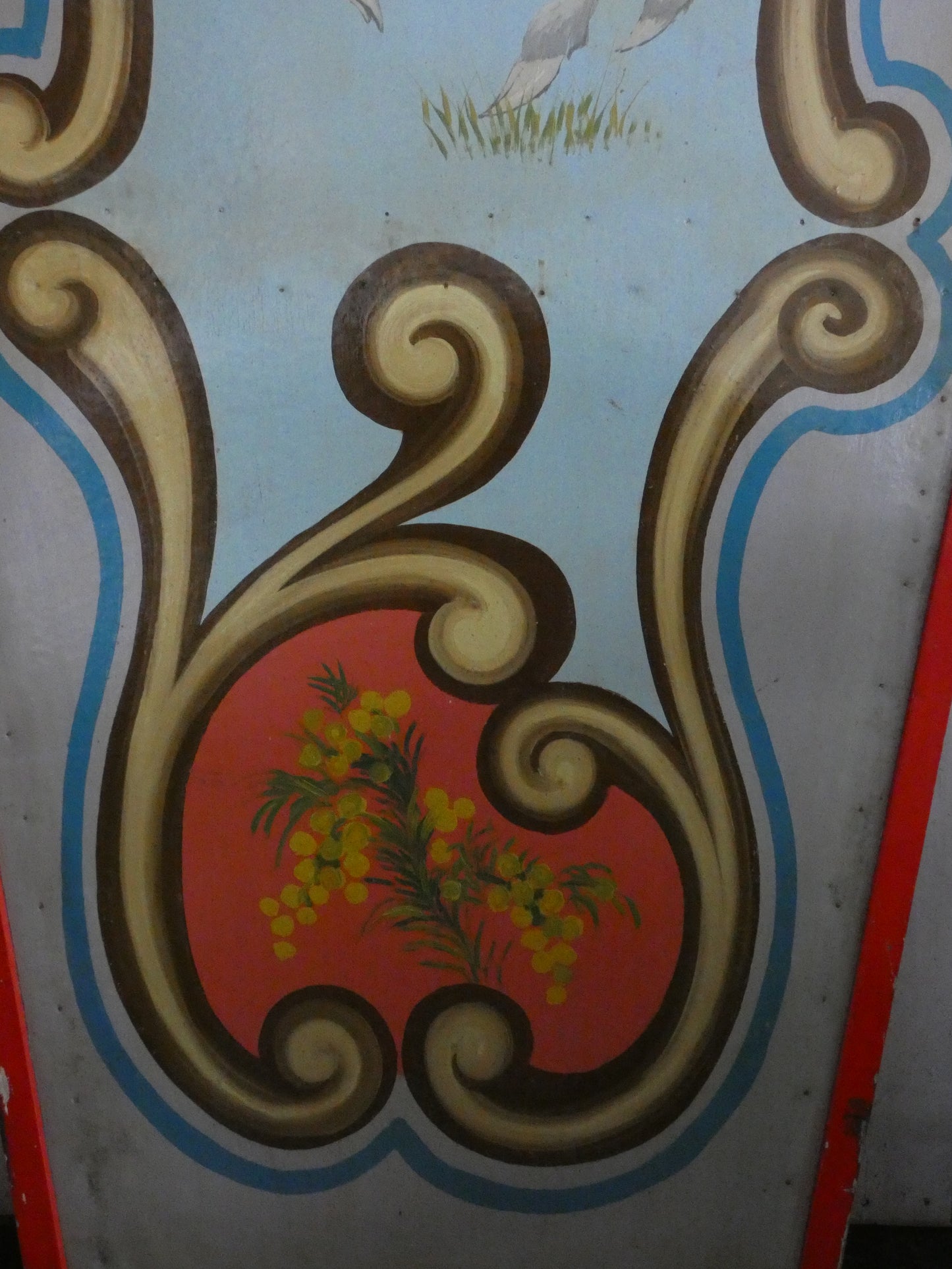 Antique Hand Painted wooden carousel fairground panel with cherub and sheep.