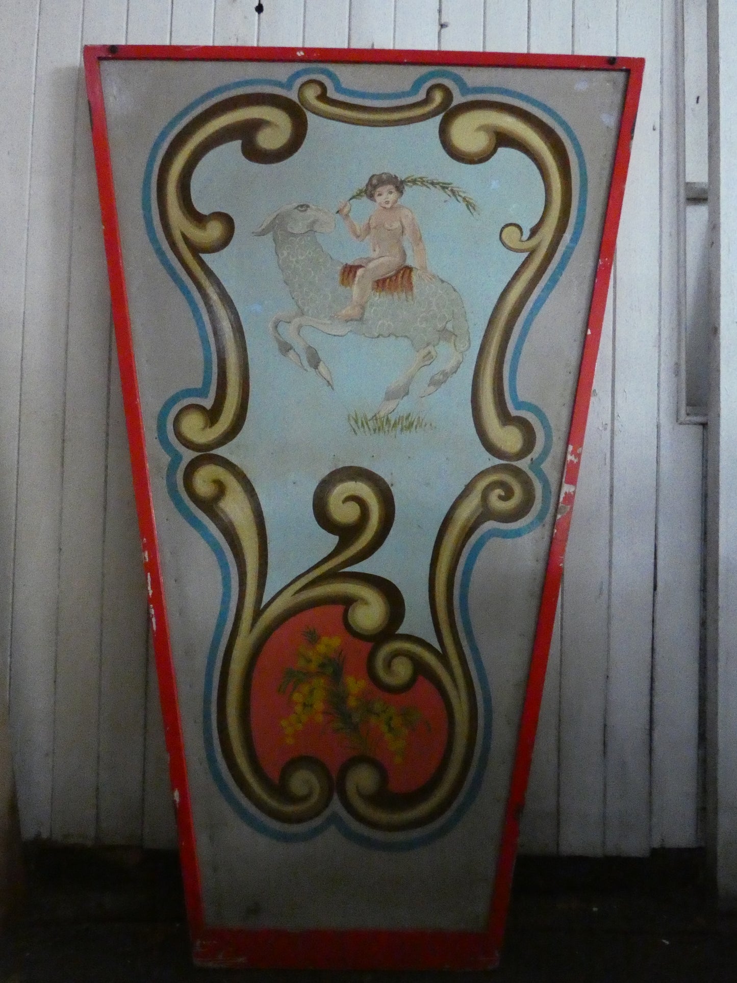 Antique Hand Painted wooden carousel fairground panel with cherub and sheep.